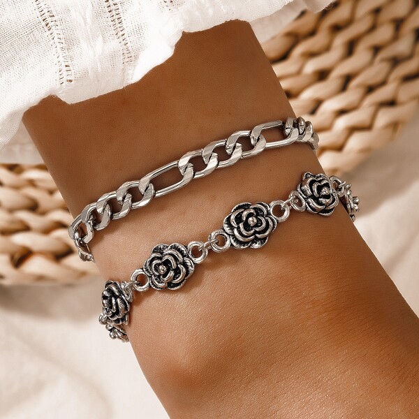 

2pcs Flower Decor Bracelet, Silver