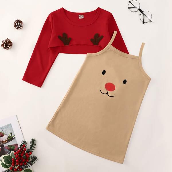 

Toddler Girls Christmas 3D Ears Design High Low Crop Top & Cami Dress, Multicolor