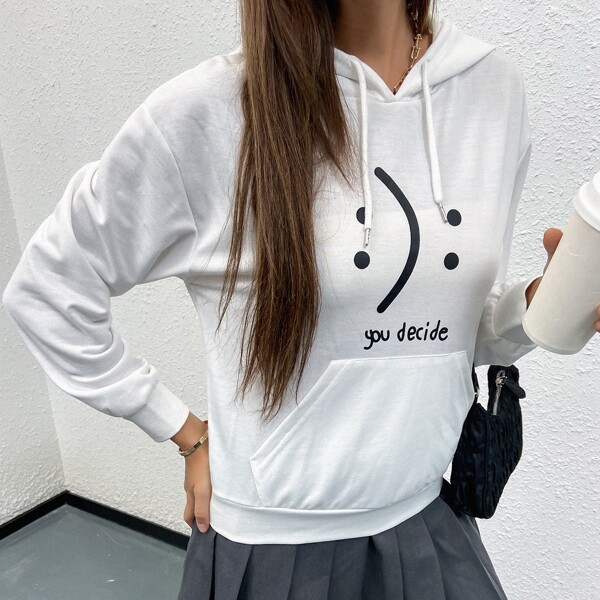 

Slogan And Graphic Print Kangaroo Pocket Drawstring Hoodie, White