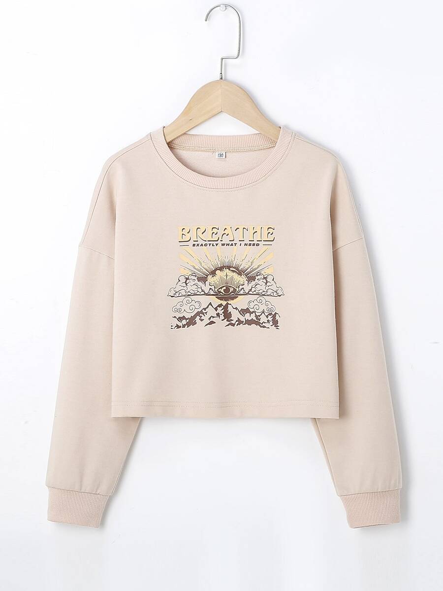 女孩字母圖案短款運動衫 - 杏色 - 查看 1