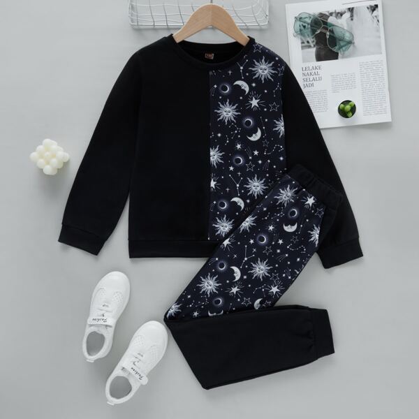 

Girls Sun And Moon Print Sweatshirt & Sweatpants, Black