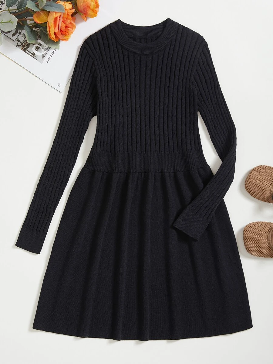 Girls Cable Knit Jumper Dress - Black - View 1