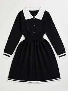 SHEIN Tween Girl Contrast Trim Button Detail Sweater Dress - Black and White - View 3