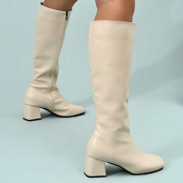 

Minimalist Side Zipper Chunky Heeled Boots, Beige