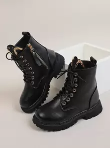 1 Par De Botas Casuales Para Niñas Pequeñas Con Decoración De Metal Y Cremallera Lateral - Negro - Ver 1