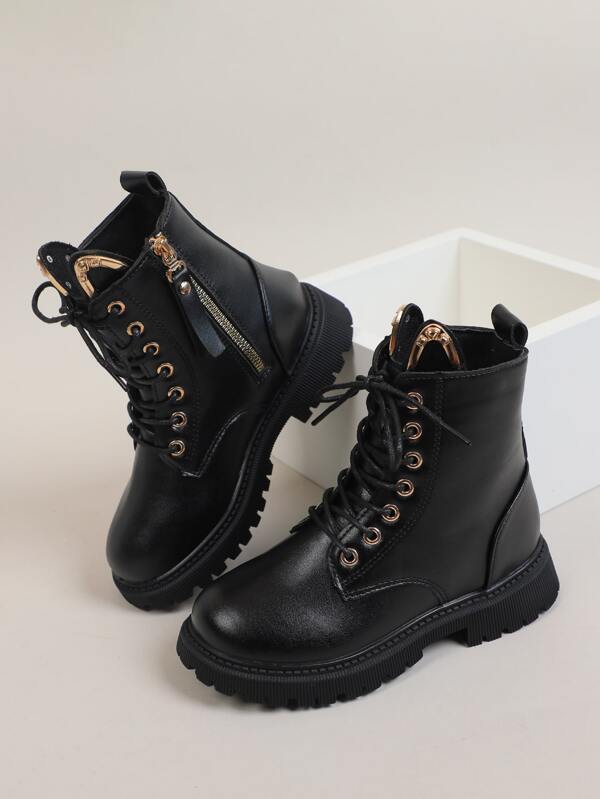 1pair Little Girls' Casual Boots With Metal Decoration And Side Zipper