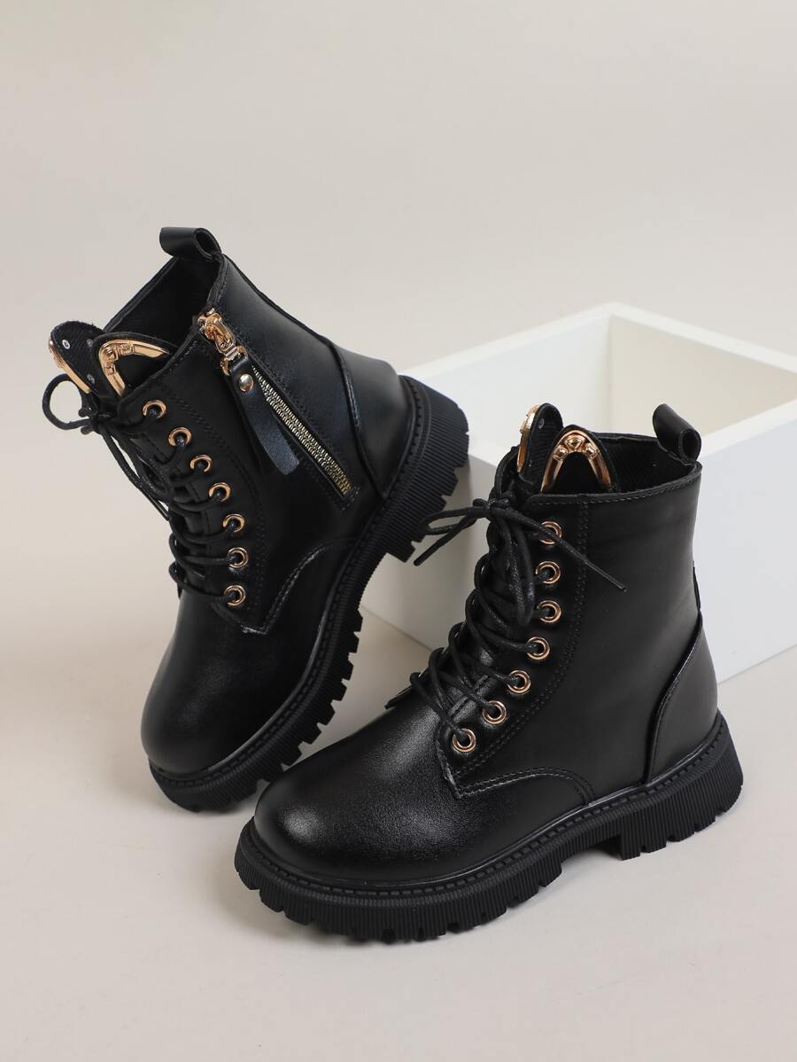 1 Par De Botas Casuales Para Niñas Pequeñas Con Decoración De Metal Y Cremallera Lateral - Negro - Ver 1