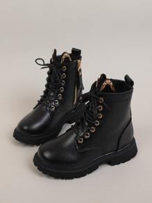 1 Par De Botas Casuales Para Niñas Pequeñas Con Decoración De Metal Y Cremallera Lateral - Negro - Ver 2
