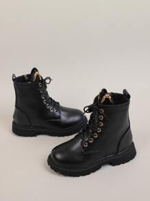 1 Par De Botas Casuales Para Niñas Pequeñas Con Decoración De Metal Y Cremallera Lateral - Negro - Ver 3