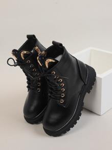 1 Par De Botas Casuales Para Niñas Pequeñas Con Decoración De Metal Y Cremallera Lateral - Negro - Ver 4
