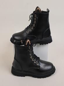 1 Par De Botas Casuales Para Niñas Pequeñas Con Decoración De Metal Y Cremallera Lateral - Negro - Ver 5