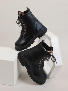 1 Par De Botas Casuales Para Niñas Pequeñas Con Decoración De Metal Y Cremallera Lateral - Negro - Ver 6