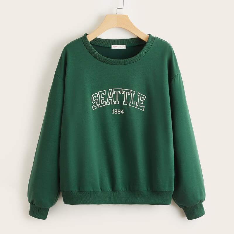 

Letter Embroidery Drop Shoulder Sweatshirt, Green