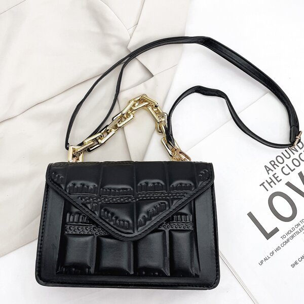 

Crocodile Embossed Flap Square Bag, Black