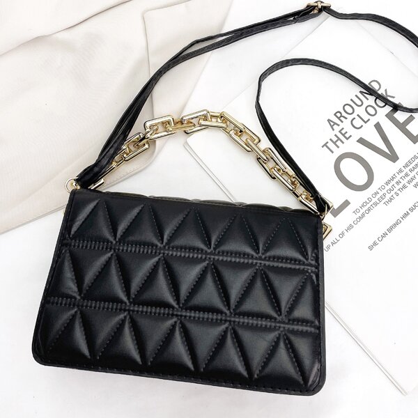 

Quilted Embossed Flap Square Bag, Black
