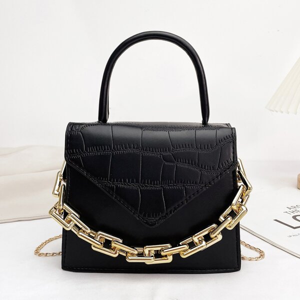 

Crocodile Embossed Chain Square Bag, Black