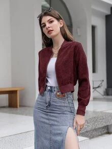 Cazadora tipo bomber unicolor con cremallera delantera corto - Burdeos - Ver 4