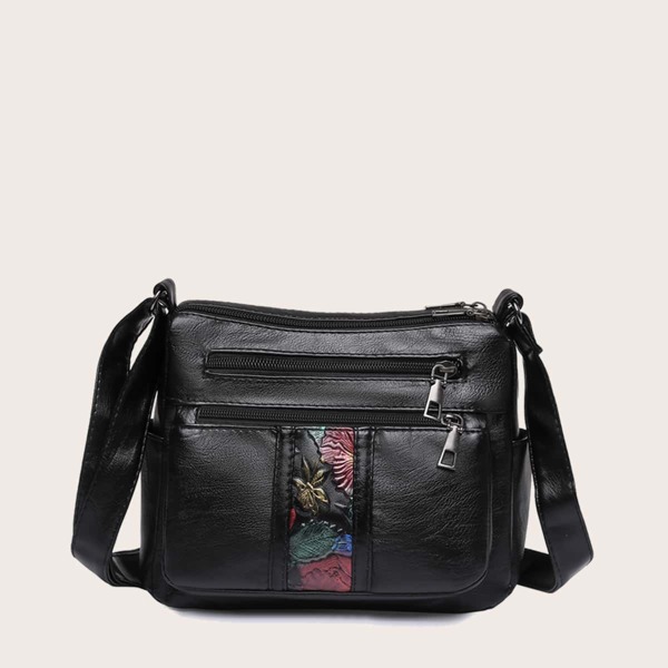 

Floral Pattern Multi-compartment Square Bag, Black