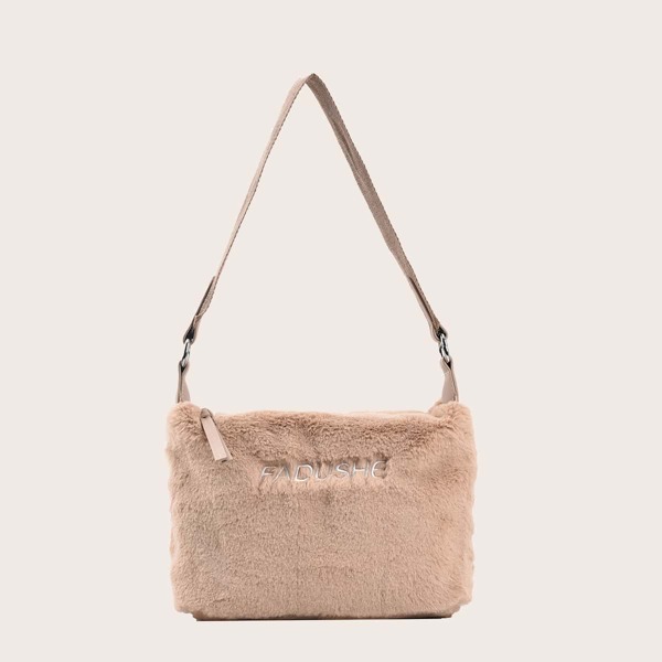 

Letter Embroidery Fluffy Square Bag, Khaki