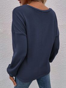 SHEIN LUNE V Neck Drop Shoulder Tee - Navy Blue - View 2