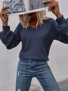 SHEIN LUNE V Neck Drop Shoulder Tee - Navy Blue - View 4