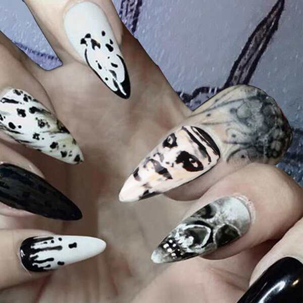 

24pcs Halloween Fake Nail & 1pc Tape & 1pc Nail File, Black and white