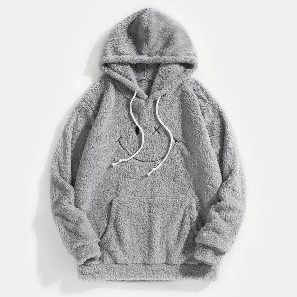 

Men Cartoon Embroidered Kangaroo Pocket Drawstring Teddy Hoodie, Grey