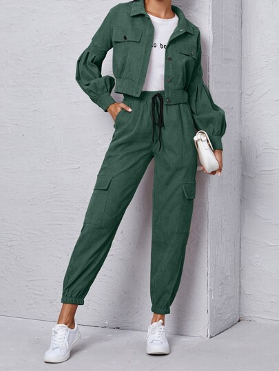 Corduroy Flap Detail Jacket With Tie Front Cargo Pants Fall Cloth For Women