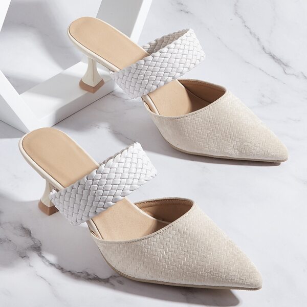 

Minimalist Braided Pyramid Heeled Mules, Beige