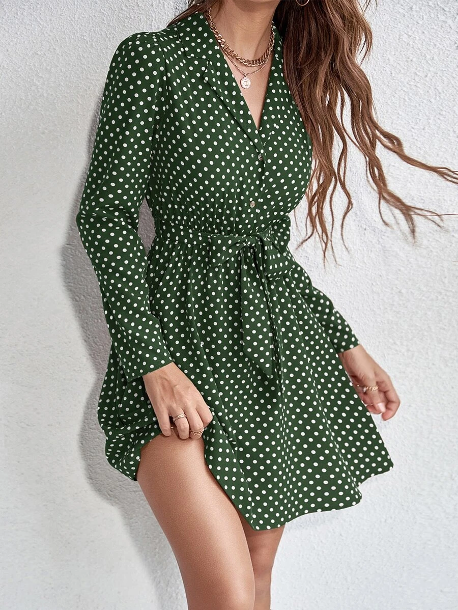 SHEIN LUNE 波點圖案前紐扣腰帶襯衫連衣裙 - 墨綠色 - 查看 1