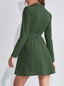 SHEIN LUNE 波點圖案前紐扣腰帶襯衫連衣裙 - 墨綠色 - 查看 2