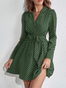 SHEIN LUNE 波點圖案前紐扣腰帶襯衫連衣裙 - 墨綠色 - 查看 3