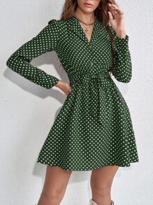SHEIN LUNE 波點圖案前紐扣腰帶襯衫連衣裙 - 墨綠色 - 查看 4