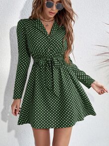 SHEIN LUNE 波點圖案前紐扣腰帶襯衫連衣裙 - 墨綠色 - 查看 5