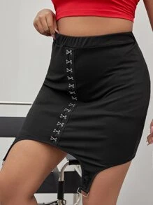 Plus Hook And Eye Strap Hem Skirt - Black - View 4