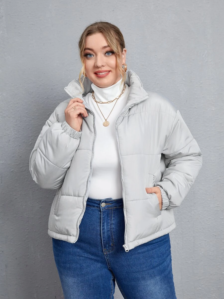Plus Size Drop Shoulder Zipper Padded Padded Coat Clothes Winter - Light Grey - View 1