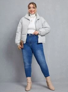 大码落肩拉链加厚棉服外套冬季 - 淺灰色 - 查看 3