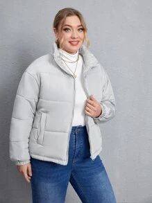 大码落肩拉链加厚棉服外套冬季 - 淺灰色 - 查看 4