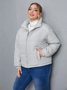 大码落肩拉链加厚棉服外套冬季 - 淺灰色 - 查看 5