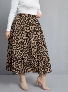 SHEIN Clasi Plus Leopard Print Ruffle Hem Skirt