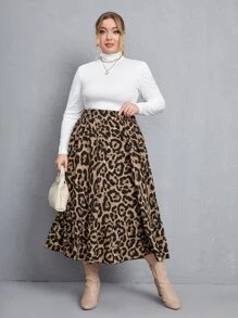 SHEIN Clasi Plus Leopard Print Ruffle Hem Skirt