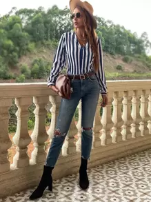 SHEIN LUNE Blusa con botones delanteros y estampado a rayas, blusas de manga larga - Azul y blanco - Ver 3