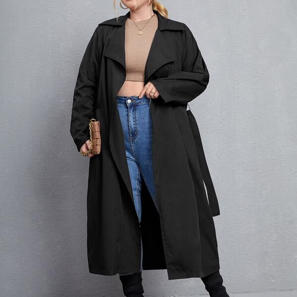 

Plus Waterfall Collar Slant Pocket Belted Trench Coat, Black