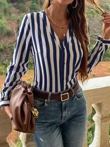 SHEIN LUNE Blusa con botones delanteros y estampado a rayas, blusas de manga larga - Azul y blanco - Ver 4