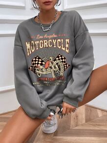 SHEIN Unity Áo nỉ Xe máy Và Đồ họa Khẩu hiệu Thả vai - Xám - Xem 4