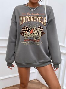 SHEIN Unity Áo nỉ Xe máy Và Đồ họa Khẩu hiệu Thả vai - Xám - Xem 5