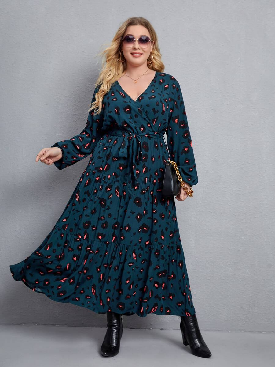 SHEIN Clasi Plus Graphic Print Ruffle Hem Belted Dress - Teal Blue - View 1