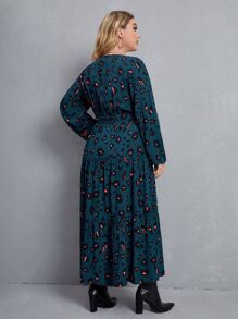 SHEIN Clasi Plus Graphic Print Ruffle Hem Belted Dress - Teal Blue - View 2