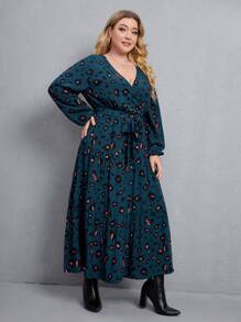 SHEIN Clasi Plus Graphic Print Ruffle Hem Belted Dress - Teal Blue - View 3