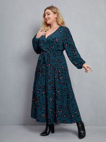 SHEIN Clasi Plus Graphic Print Ruffle Hem Belted Dress - Teal Blue - View 4